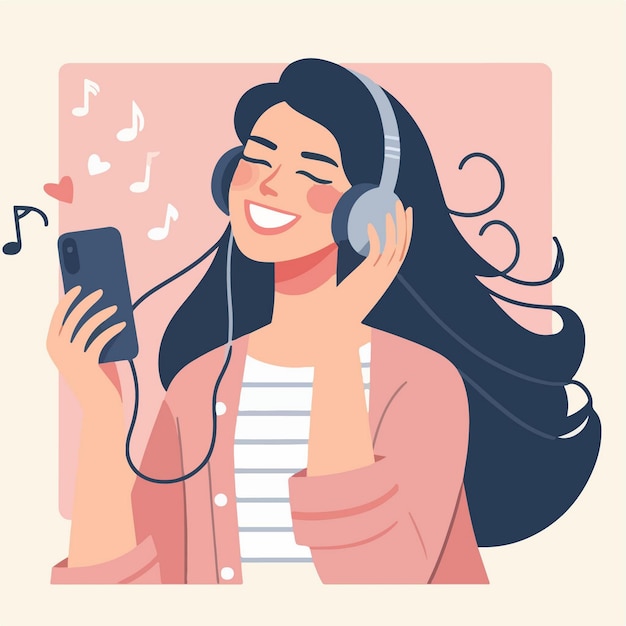 Ilustração vetorial de uma mulher feliz ouvindo música