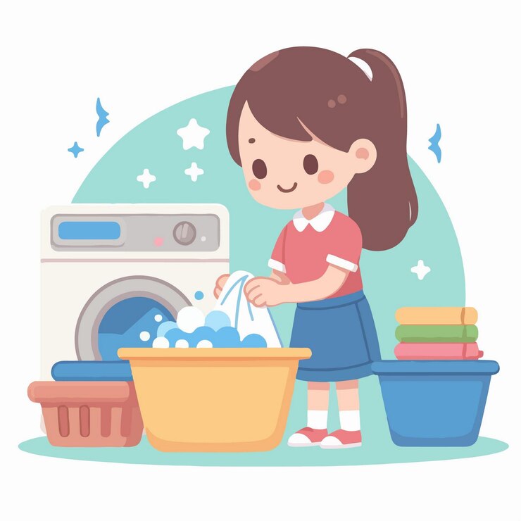 Vetor ilustração vetorial de uma mulher lavando roupas com um estilo de design plano simples e minimalista