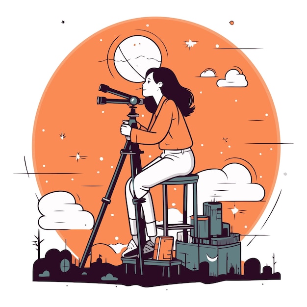 Vetor ilustração vetorial de uma mulher olhando através de um telescópio em uma paisagem da cidade