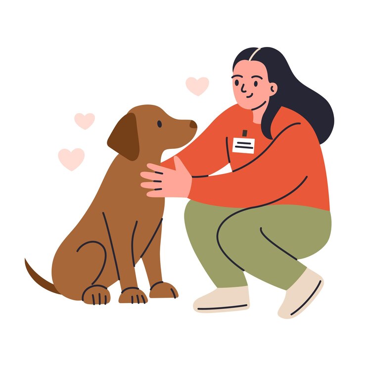 Vetor ilustração vetorial de uma mulher voluntária cuidando de um cão personagens de desenhos animados de refúgio de animais