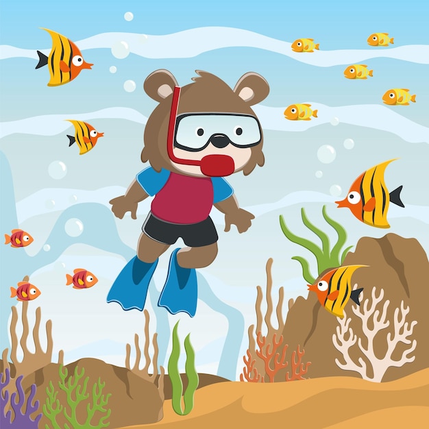 Vetor ilustração vetorial de uma pequena raposa mergulhando em uma aventura submarina em um fundo de linda água azul