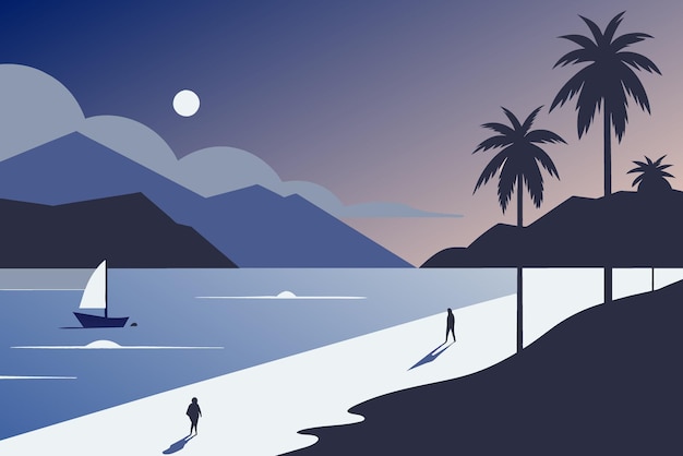 Vetor ilustração vetorial de uma pintura de um pôr-do-sol com palmeiras e montanhas ao fundo