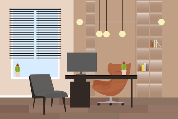 Ilustração vetorial de uma sala de escritório moderna cena de desenho animado de uma bela sala com uma mesa um computador cacto uma poltrona uma cadeira um armário com livros nas prateleiras uma janela com persianas lâmpadas