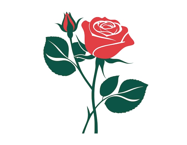 Ilustração vetorial de uma única rosa com folhas e um caule em fundo branco