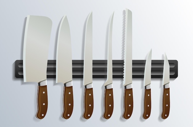 Ilustração vetorial de uma variedade de facas de cozinha realistas com cabo marrom em uma tira magnética