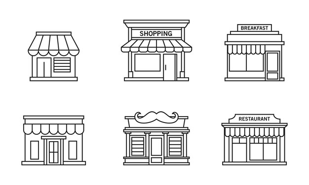 Ilustração vetorial de uma vista frontal de uma pequena loja set de ícones delineados da frente da loja