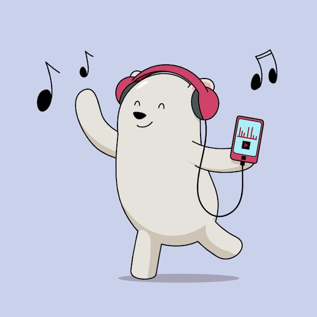 Ilustração vetorial de urso polar de desenho animado dança alegremente e ouve a música para seu fone de ouvido e tocador de música perfeito para ilustração de crianças e design de mascote