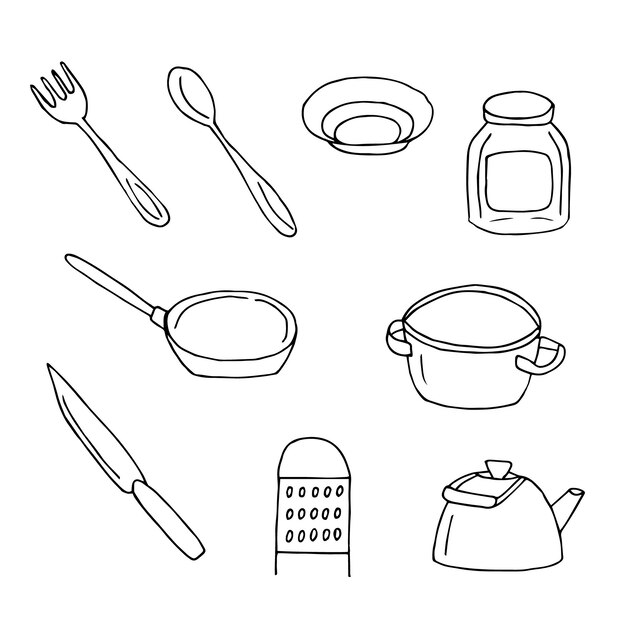 Vetor ilustração vetorial de utensílios de mesa, rabiscos desenhados à mão