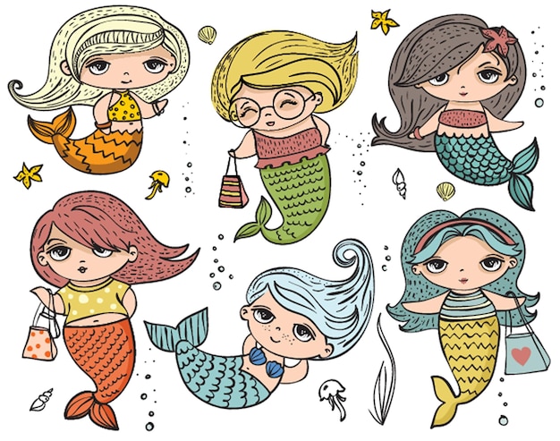Ilustração vetorial de verão com sereias fofas de moda sob o mar e animais oceânicos engraçados e peixes ao redor