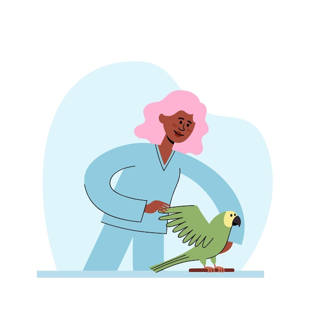 Ilustração vetorial de veterinário com papagaio na consulta veterinária