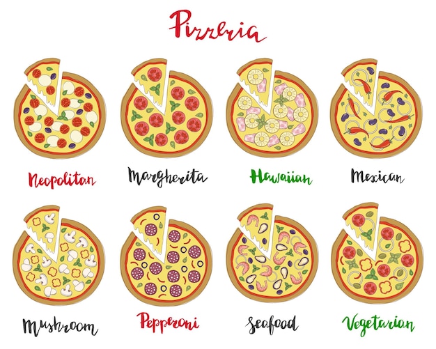 Ilustração vetorial definida de pizza e letras de mão isoladas em um fundo branco