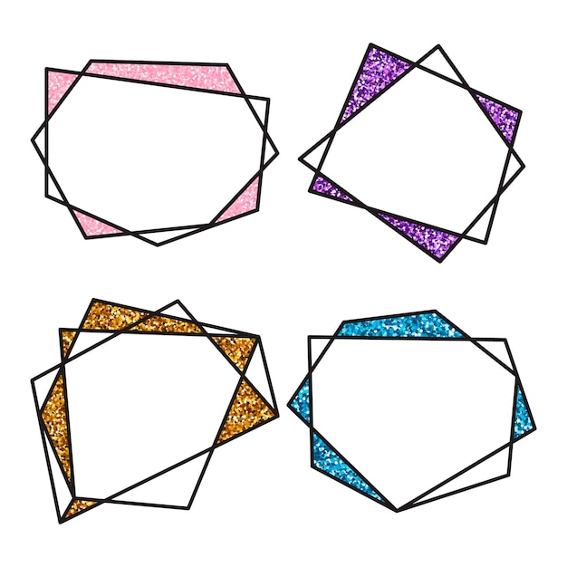 Vetor ilustração vetorial definir moldura linear preta poligonal geométrica formas de cristal com glitter para cartões de saudação de design