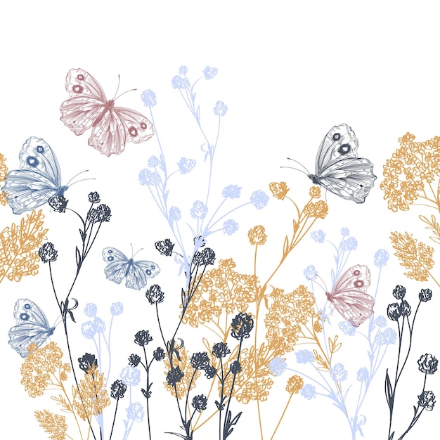 Ilustração vetorial desenhada à mão com borboletas e plantas