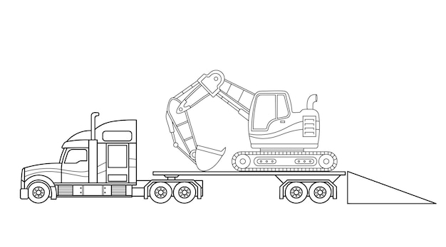 Ilustração vetorial desenhada à mão, cor, caminhão de reboque de construção para crianças com mini escavadeira