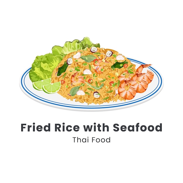 Ilustração vetorial desenhada à mão de arroz frito com frutos do mar comida tailandesa