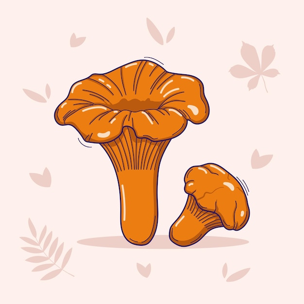 Vetor ilustração vetorial desenhada à mão de cogumelos chanterelles em estilo doodle isolado em um fundo claro com folhas de outono