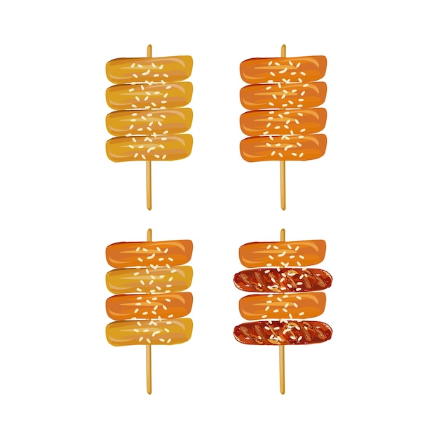 Ilustração vetorial desenhada à mão de espetos de bolo de arroz ou tteokkochi de comida de rua tradicional coreana