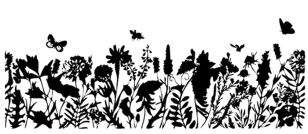 Ilustração vetorial desenhada à mão de flores silvestres, ervas, gramíneas, insetos Silhueta fina de plantas