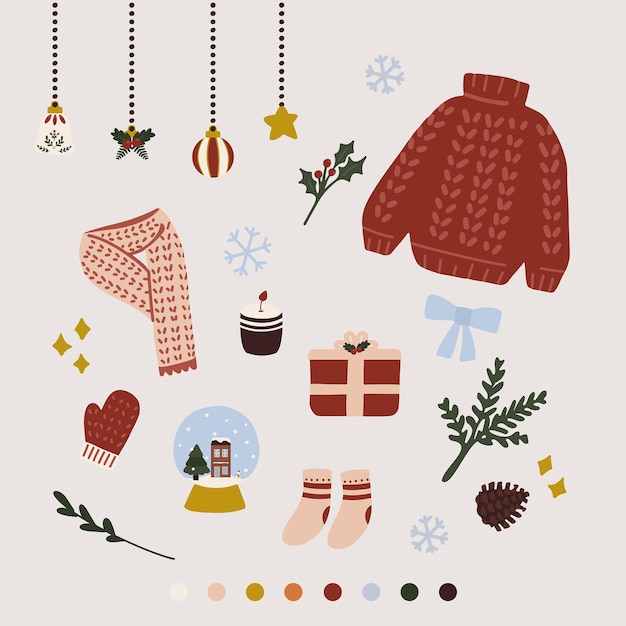 ilustração vetorial desenhada à mão de pacote de adesivos de vibração de férias de inverno coleção de doodle de elementos bonitos