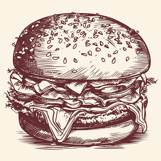 Ilustração vetorial desenhada à mão de um grande hambúrguer feito em um estilo de desenho retrô