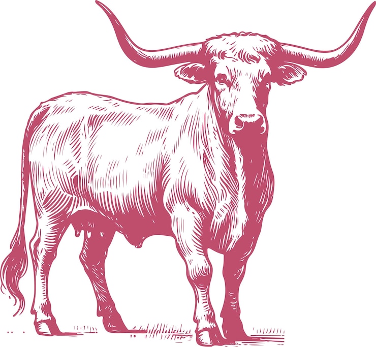 Vetor ilustração vetorial desenhada à mão de um longhorn do texas com pele texturizada em estilo monocromático rosa