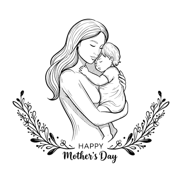 Ilustração vetorial desenhada à mão de uma mãe amorosa segurando suavemente seu bebê