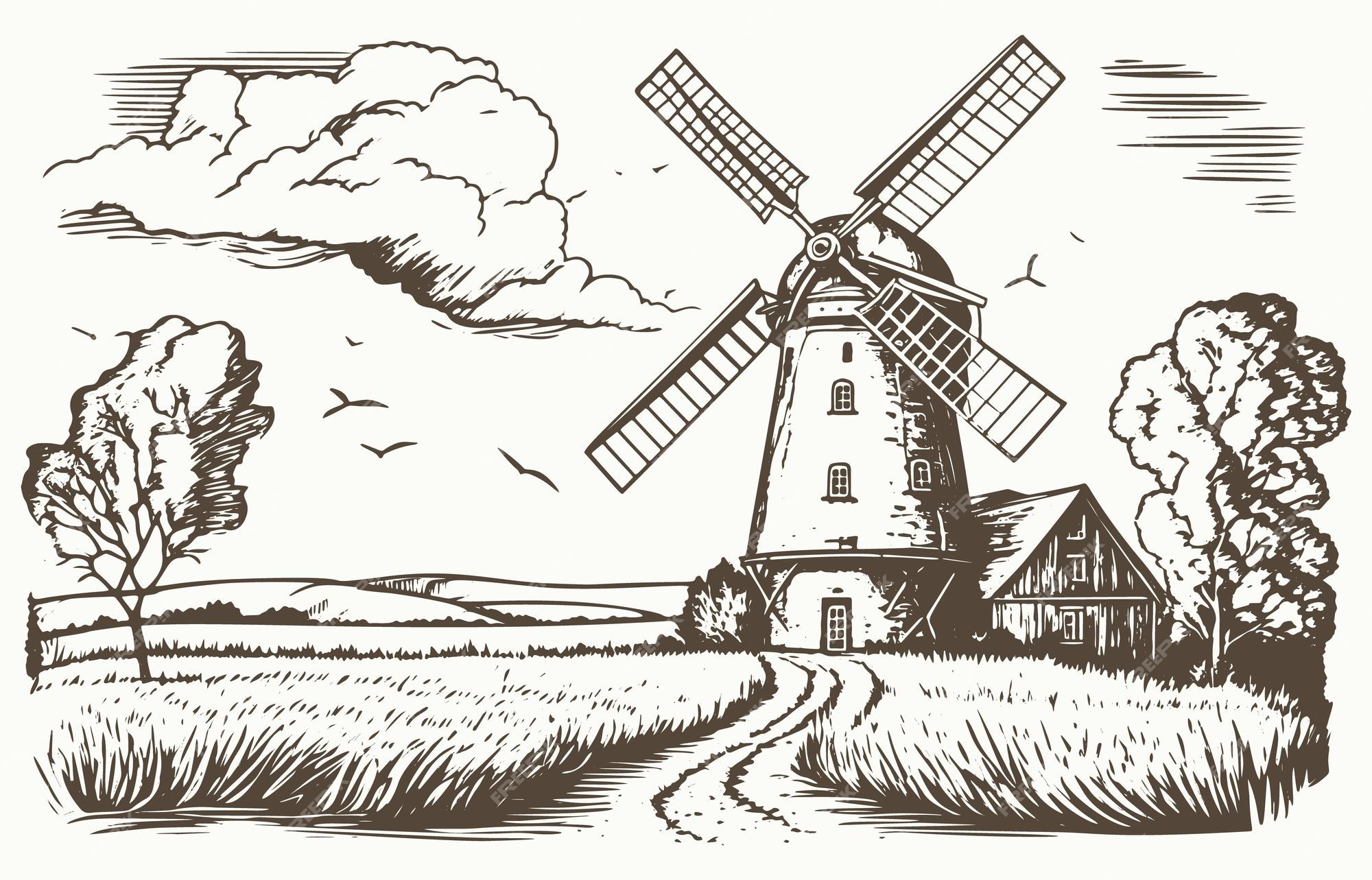 Como desenhar uma Paisagem com casa e moinho de vento PASSO A