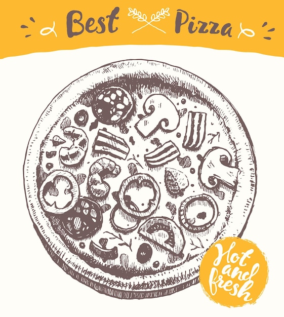 Vetor ilustração vetorial desenhada à mão de uma pizza italiana em fundo branco com rótulo quente e fresco, ske