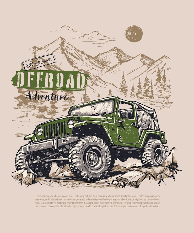 Vetor ilustração vetorial desenhada à mão de veículos off-road vintage