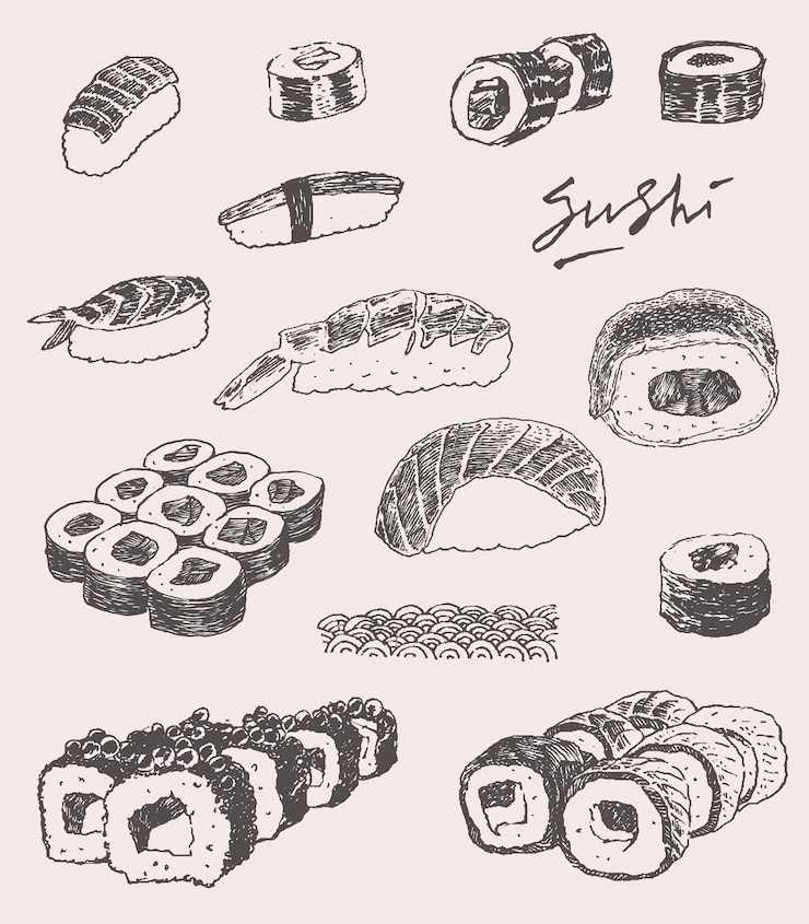 Vetor ilustração vetorial desenhada à mão do conjunto de sushi