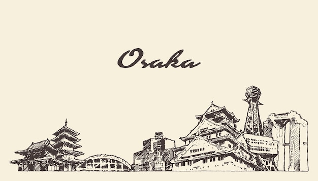 Vetor ilustração vetorial desenhada à mão do horizonte de osaka, japão