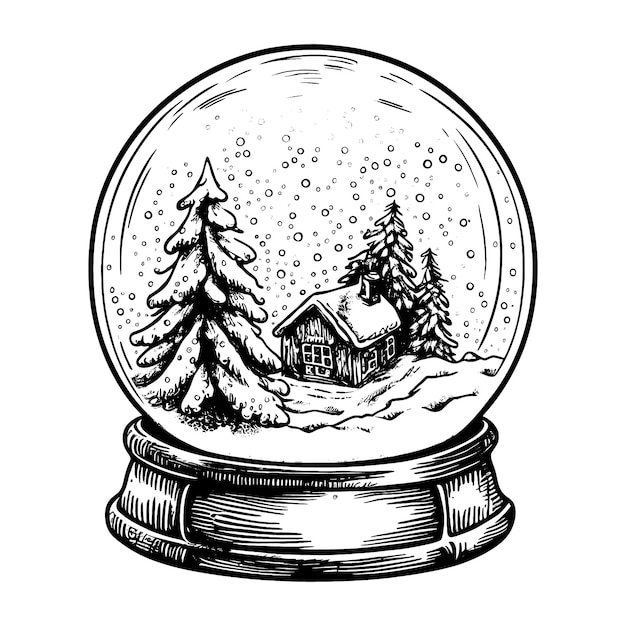 Ilustração vetorial desenhada à mão Globo de neve de Natal com uma casa e abeto