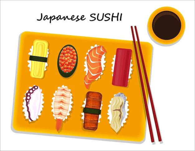 Ilustração vetorial desenho plano de vista superior de comida japonesa na mesa mix sushi set