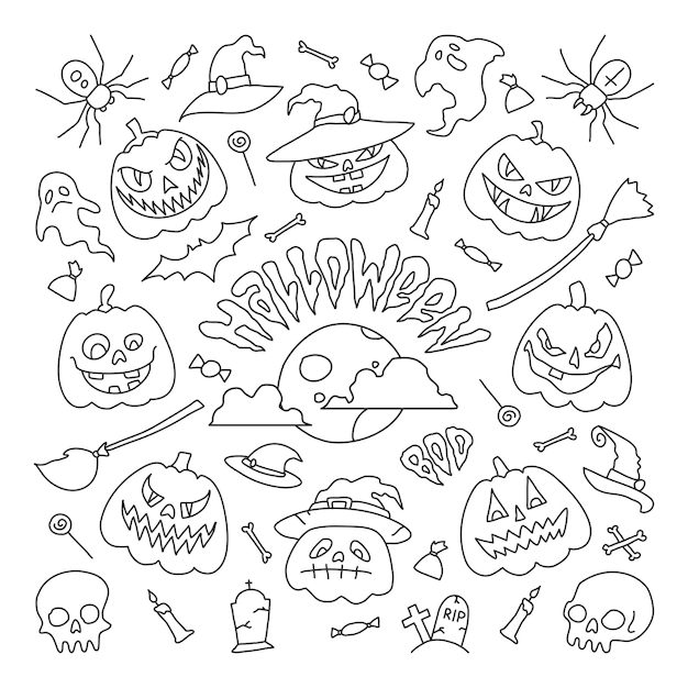 Ilustração vetorial desenhos de contorno elementos da festa de halloween conjunto de ícones no estilo cartoon