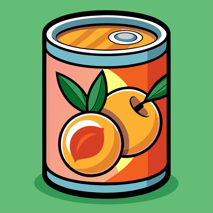 Vetor ilustração vetorial detalhada de uma lata de pêssegos com uma tampa rotulada de conteúdo suculento