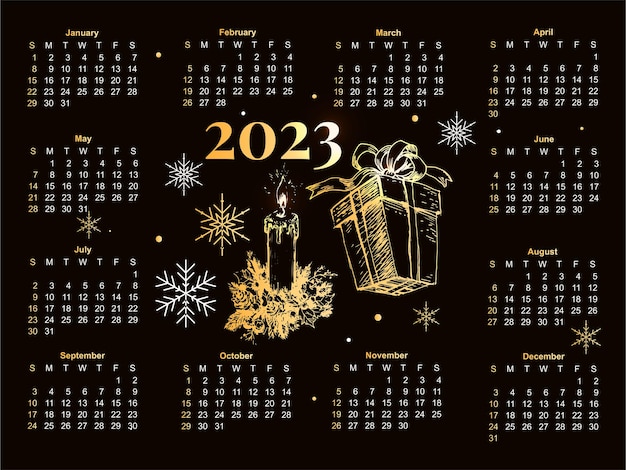 Ilustração vetorial do ano civil de 2023 a semana começa no domingo modelo de calendário de flocos de neve de natal 2023 design de calendário domingo em cores vermelhas vetor