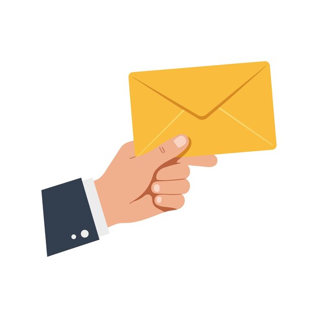 Ilustração vetorial do conceito de comunicação de estilo plano mínimo segurando um envelope amarelo com a mão