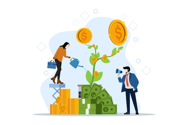 Ilustração vetorial do conceito de investimento de dinheiro com pessoas que ganham dinheiro com árvores