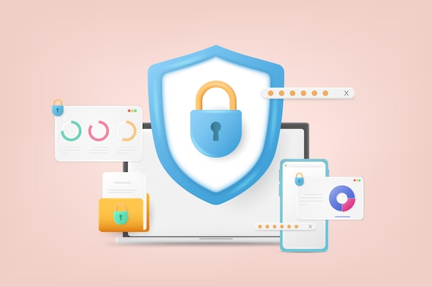 Ilustração vetorial do conceito de segurança de rede Proteção de dados do usuário Gerenciamento de arquivos Adequado para papel de parede Banner Background Card Book Illustration e Web Landing Page Ilustração em vetor 3d