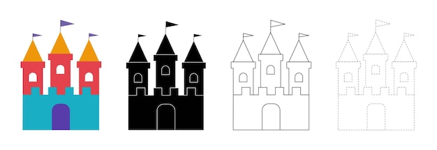 Ilustração vetorial do conjunto de castelos de contos de fadas isolada Cor silhueta preta contorno preto e traçado