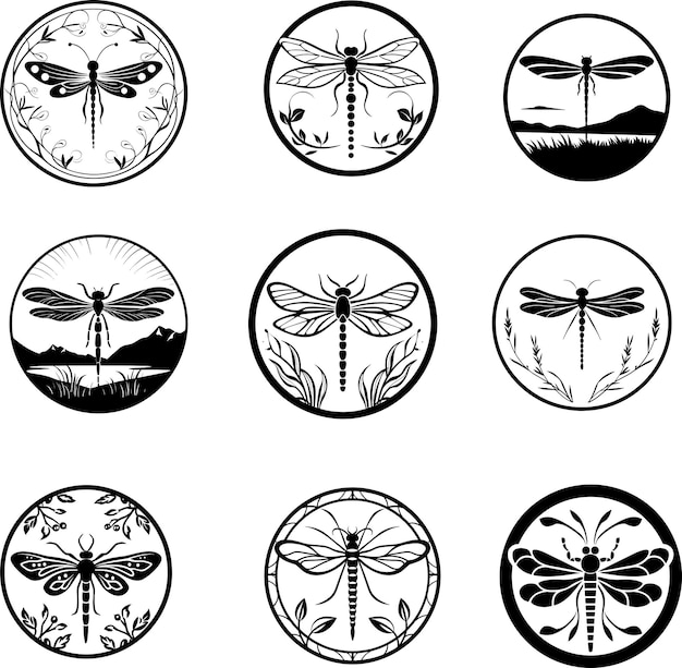 Ilustração vetorial do conjunto de logos de silhueta de libélula