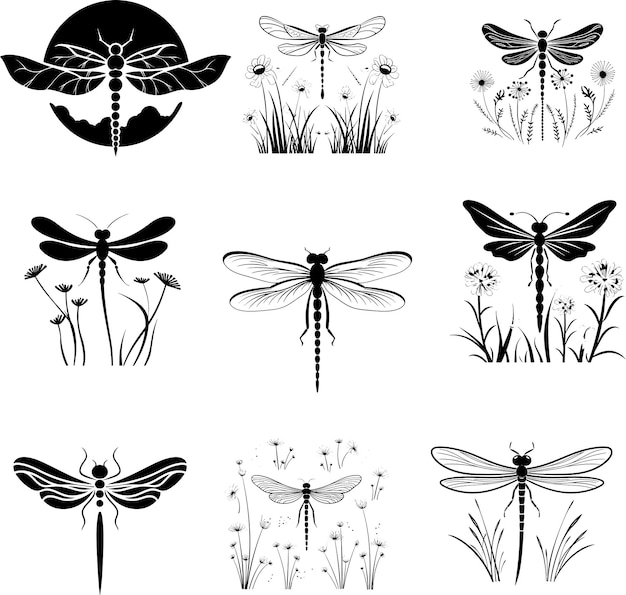 Vetor ilustração vetorial do conjunto de logos de silhueta de libélula