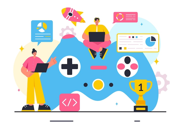 Vetor ilustração vetorial do desenvolvimento de videogames com jogos tecnologia digital programação e codificação em um fundo de desenho animado de estilo plano