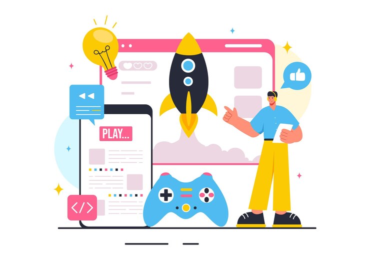 Vetor ilustração vetorial do desenvolvimento de videogames com jogos tecnologia digital programação e codificação em um fundo de desenho animado de estilo plano