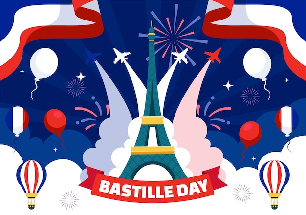 Vetor ilustração vetorial do dia da bastilha feliz em 14 de julho com a bandeira francesa e a torre eiffel