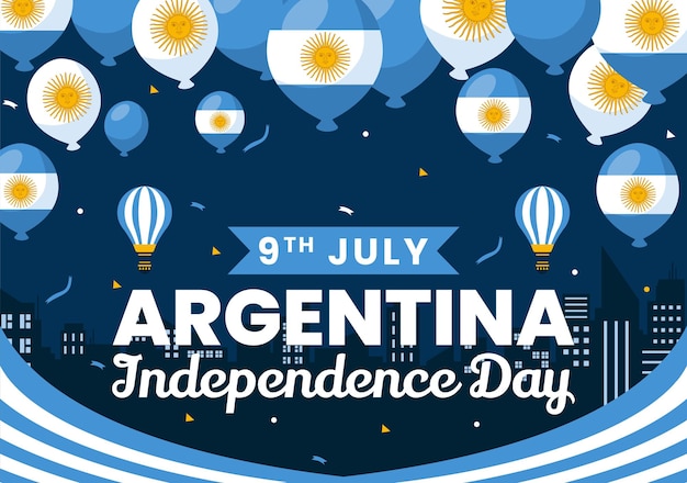 Ilustração vetorial do dia da independência da argentina no dia 9 de julho com bandeira e fita agitando