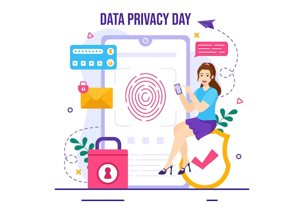 Ilustração vetorial do dia da privacidade de dados em 28 de janeiro com bloqueio na tela para informações do escudo