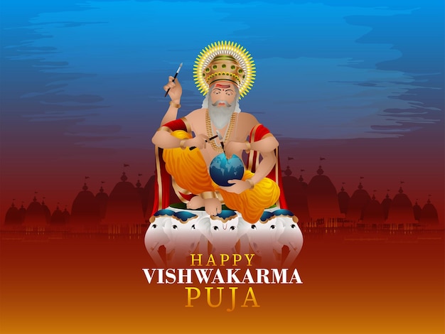 Vetor ilustração vetorial do dia do puja de vishwakarma para o deus vishwakarma, um arquiteto e engenheiro divino do universo