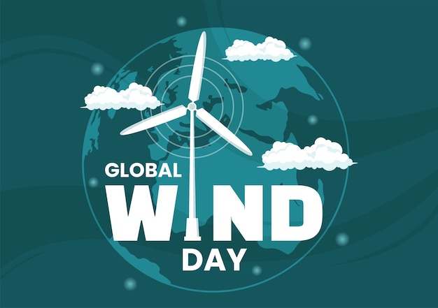 Ilustração vetorial do dia global do vento em 15 de junho com globo terrestre e turbinas eólicas no céu azul