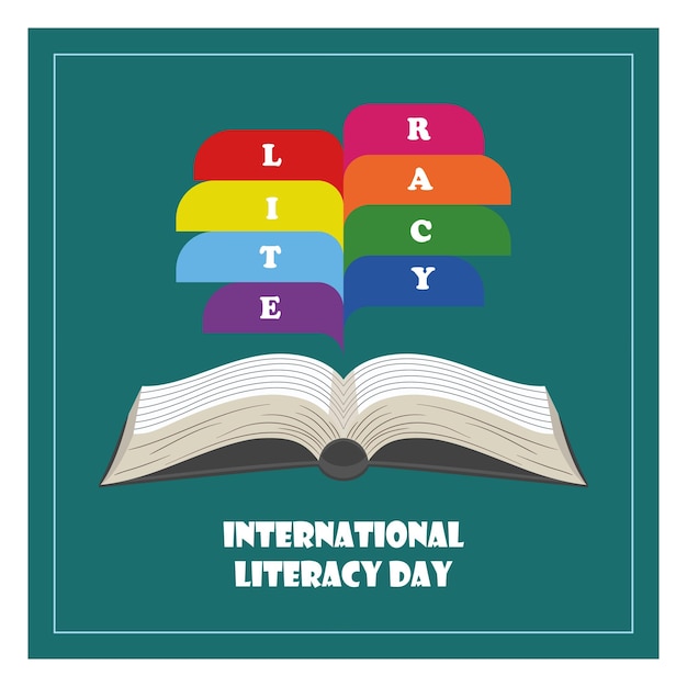Vetor ilustração vetorial do dia internacional da alfabetização com livro e equipamento educacional